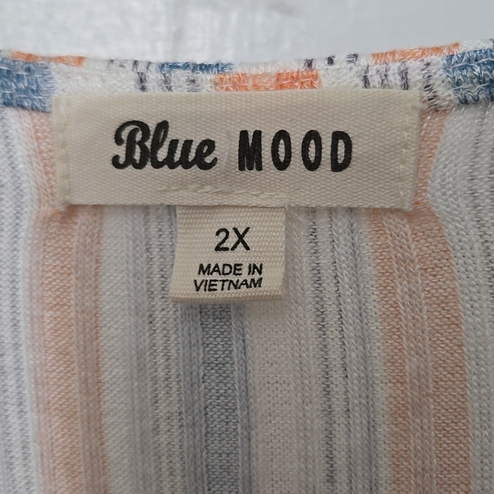 Blue Mood Women's Striped Button-Down Top Tie Waist Blue and Orange 2X - Picture 3 of 5